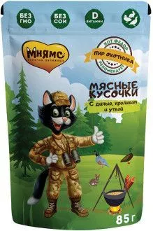 Мнямс Мясные кусочки для кошек с уткой, кроликом и дичью "Пир охотника" 85г 