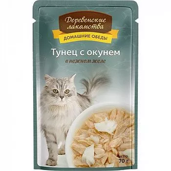 Деревенские лакомства пауч для кошек Тунец с окунем в желе 70гр  
