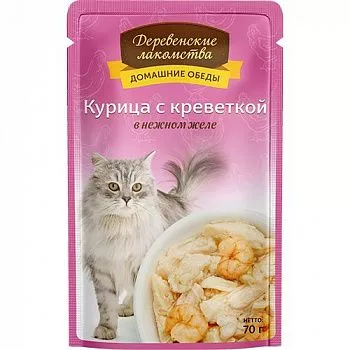 Деревенские лакомства пауч для кошек Курица с креветкой в желе 70гр  