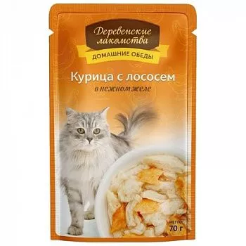 Деревенские лакомства пауч для кошек Курица с лососем в желе 70гр  