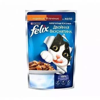Felix Двойная Вкуснятина для кошек индейка с печенью 75гр