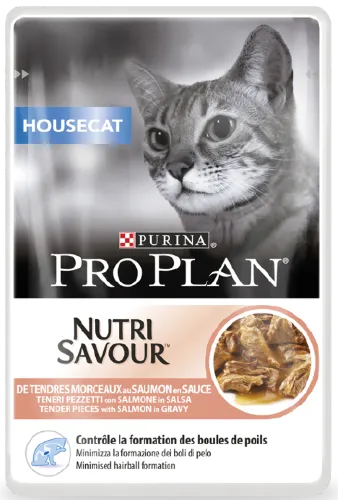 PRO PLAN NUTRISAVOUR Housecat для кошек_ живущих дома_ лосось в соусе 85гр_